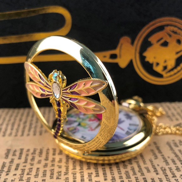 Dragonfly NEW Pocket Watch Dragon Fly Insect Gold Crystal Jewel - Picture 4 of 5